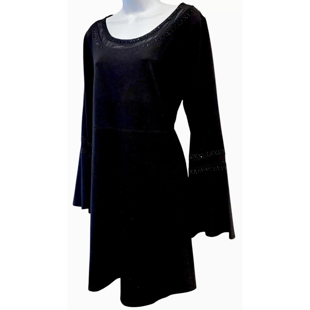 Belldini Tunic Dress Womens XL Black Bell Sleeve Rhinestone Swing Knee Length